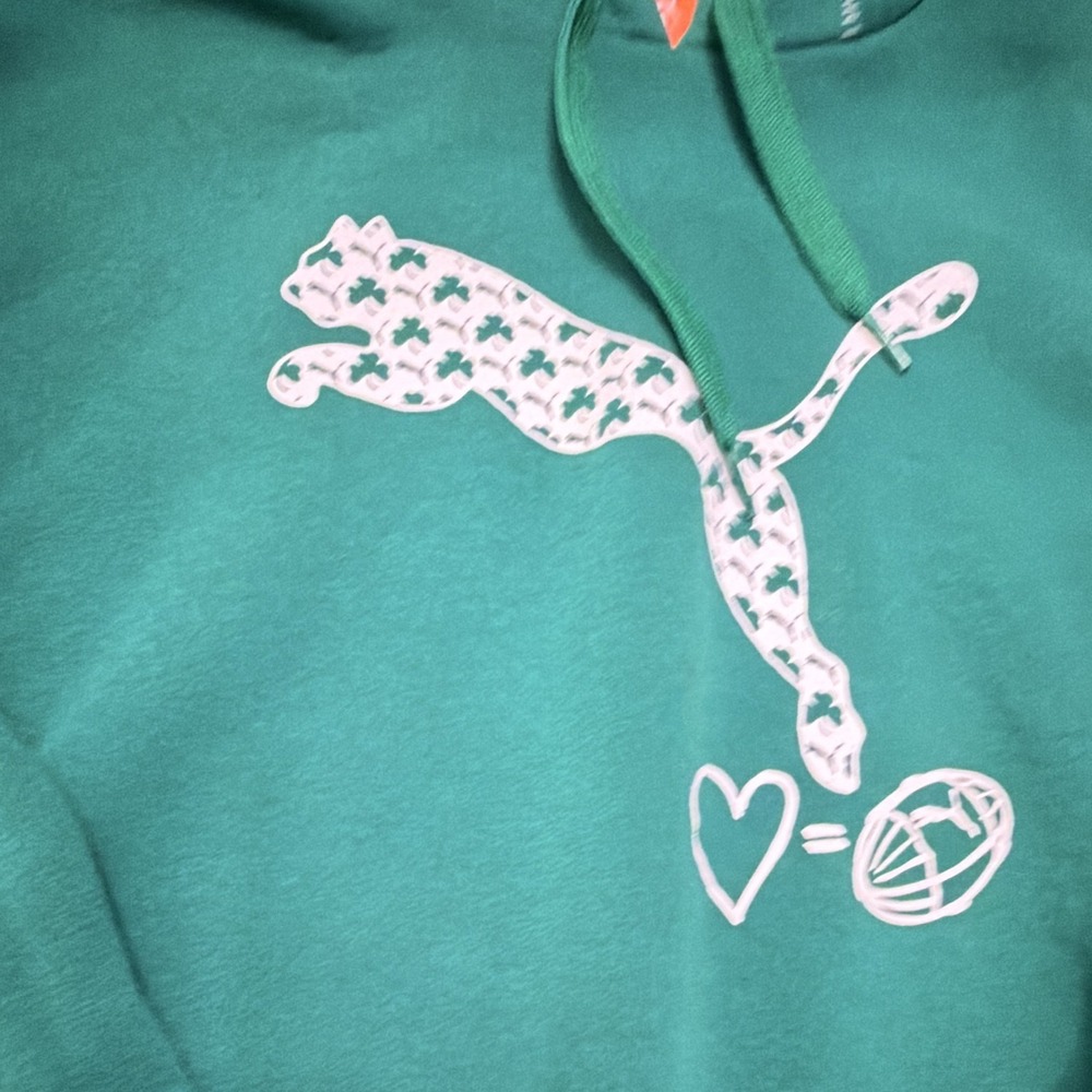 PUMA 2010s Heart Ireland Rugby Green Cotton Pullover Hoodie Size L w/ Pockets